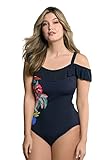 Ulla Popken Damen große Größen Übergrößen Plus Size Badeanzug, Blüten, Softcups, Carmen-Volant Marine 52 805260130-52