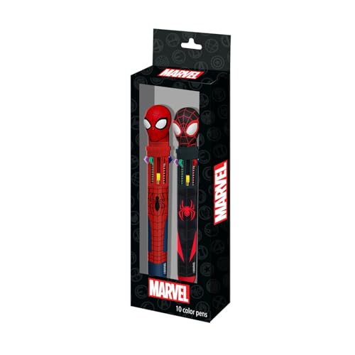 Marvel Spiderman Peter-Pack de 2 Stylos 10 Couleurs, Noir, 9,5 x 23 cm