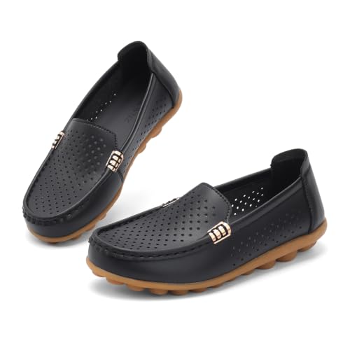 Image of Women's Comfortable & Lightweight Leather Loafers Slip-Ons Driving Walking Mocs Boat Shoes Cute Business Casual Dress Shoes Work Flats for Women