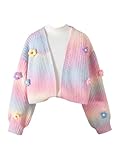 BEAUDRM Girl's 3D Floral Cardigan Cute Rainbow Knit Cardigan Sweaters Open Front Ombre Long Sleeve Sweaters Outwear Pink and Blue 11Y
