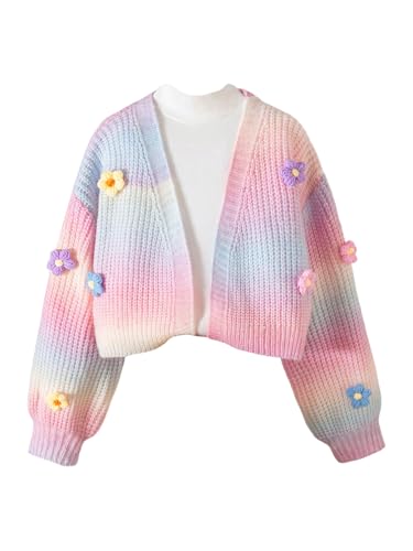 BEAUDRM Girl's 3D Floral Cardigan Cute Rainbow Knit Cardigan Sweaters Open Front Ombre Long Sleeve Sweaters Outwear Pink and Blue 11Y