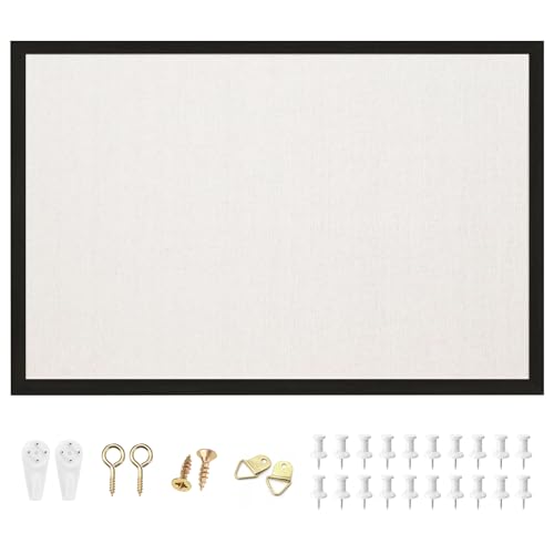 OWLKELA Tableau d'affichage en lin de 60 x 40 cm, cadre noir en liège pour mur, cadre en chêne noir, tableau en liège et lin, tableau d'affichage à suspendre avec 20 punaises, tableau de vision pour