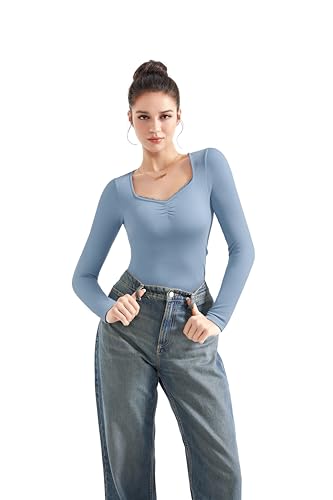 Image of SUUKSESS Women Sweetheart V Neck Long Sleeve Tops Lace Trim Ribbed Modal Fall Going Out Shirts