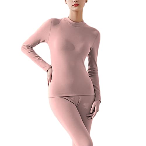 Sous-vêtement thermique femme coton haut bas rose : ensemble chaud hiver à col rond respirant
