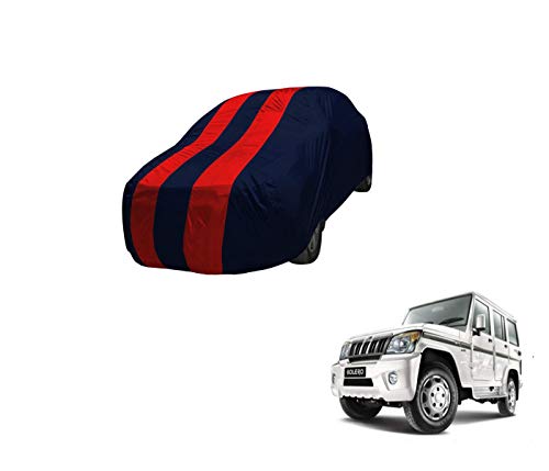 Image of Auto Hub Car Cover Compatible with Mahindra Bolero (Model : 2005-2020) with Mirror Pocket,Triple Stitched, Weather Proof, Bolero Car Cover- Navy-Red