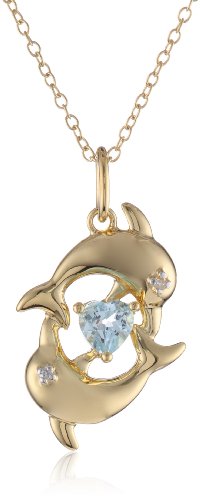 Amazon Collection 18k Gold Plated Sterling Silver Genuine Sky Blue Topaz and Diamond Accent Dolphins Pendant Necklace, 18"