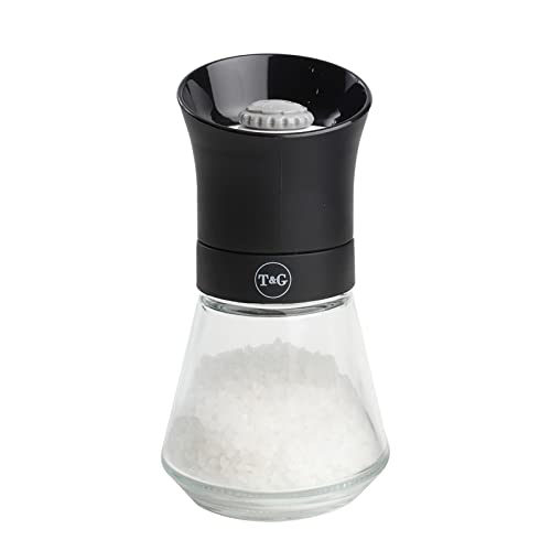 T&G CrushGrind Tip Top Salt Mill with Glass Base, 12.5 cm, Black | Gourmet Fully Adjustable Ceramic Manual Grinder | Shaker | Coarse & Fine | Easy Fill