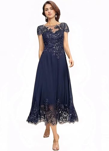 Tea Length Mother of The Bride Dresses for Wedding Beach Short Sleeves Lace Chiffon Formal Dress for Women 20252