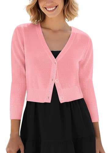 Urban CoCo Women's Cropped Cardigan V-Neck Button Down Knitted Sweater 3/4 Sleeve (L, Pink)