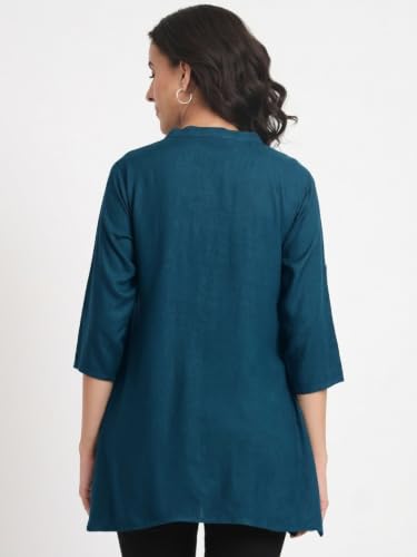 Image of Women's Roll-Up Sleeve Tunic Top, V-Neck with Button Front, Side Pockets, Rayon Short Kurti