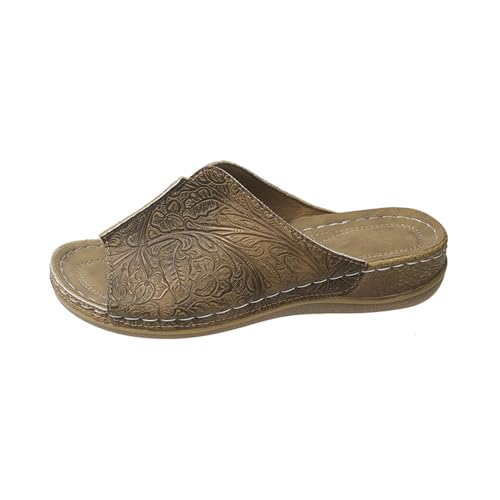 Lazzboy Hausschuhe Damen Slippers Pantoletten Freizeit Plateau Sandalen Sommer Keilabsatz Leder rutschfeste Strand Bequeme Sandaletten Frauen Vintage Sommerschuhe (Braun,36)