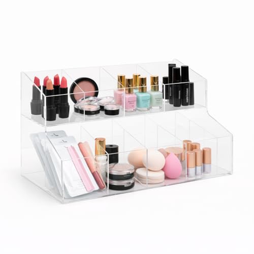 Organizador de Bancada em Acrílico Cristal 2 Níveis com 8 Divisórias 32x18x18 cm para Maquiagem, Joias, Balcão de Loja e Escritório ou Home Office