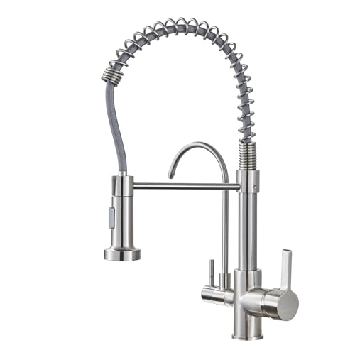 KEOKBON 3 Wege Wasserhahn Küche, 3 in 1 Spiralfeder Küchenarmatur mit Brause ausziehbar, 2 Hebel Spültischarmatur Mischbatterie mit kalt, heiß wasser und trinkwasser(Gebürstetes Nickel)