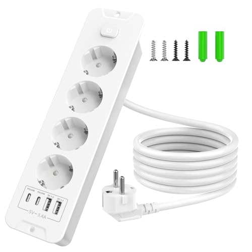Inhwatek Multiprise Encastrable Plan de Travail, 4 Prises avec Interrupteur et USB (PD 20W), Multiprise 2m, Prise de Table pour Cuisine et Bureau, Parafoudre...