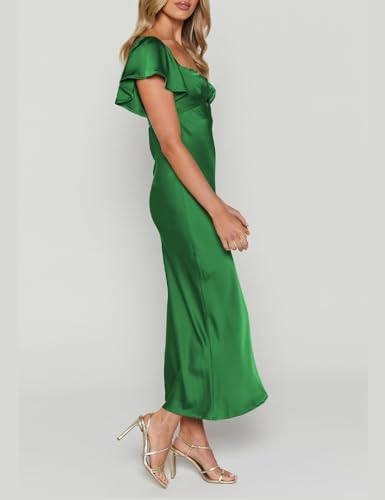 Image of Summer Satin Flutter Sleeve Wedding Guest Dresses for Women Sweetheart Neckline Cutout Tie Back Midi Cocktail Dress