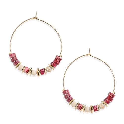 Frigotine Red Pink Gold bead Hoop Earrings for Women, Boho Trendy Vintage Statement Handmade Gemstone Beaded Hypoallergenic Huggie Earing Summer Beach Jewelry Gift
