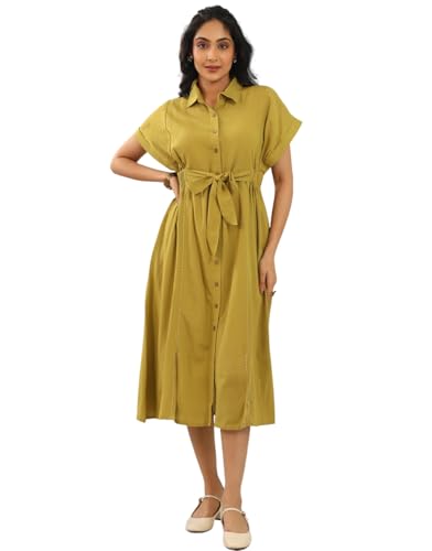 Image of Amazon Brand - INKAST Women Wide Shirt Collared Solid A -line Bottun Down Maxi Dress with Tie Belt | Flared Short Sleeve Summer Outfits | 100% Cotton | Casual Wear | One Piece
