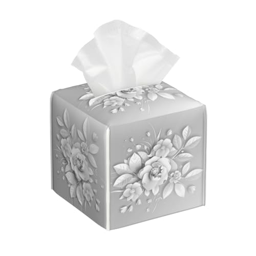 Entemne Square Tissue Box Cover White Flowers Floral Tissue Box Holder Pu Leather Cube Facial Paper Organizer Dispenser Napkin Box For Bathroom Office Car Hotel