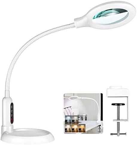 TOMSOO 8X Magnifying Glass with Light and Clamp, 5 Color Modes Stepless Dimmable Lighted Magnifier with Stand, Flexible Gooseneck LED Desk Lamp Hands Free for Craft Painting Hobby Close Work - White