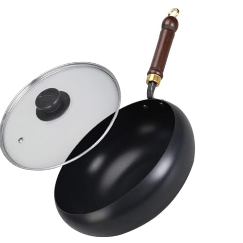 中華鍋 24cm/26cm/28cm 木蓋と耐熱ガラス蓋付属 手作り 錆びない 化学コーティング無し 鉄分補給 軽量 省エネ ガス・IH対応 家庭用キャンプ用調理器具 ガラス蓋 光面鍋 24cm