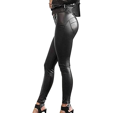 Minetom Damen Sexy Hohe Taille Skinny Kunstleder Leggings PU Leder Hose Lederhosen Leggins Strumpfhosen Treggings C Schwarz L Cover