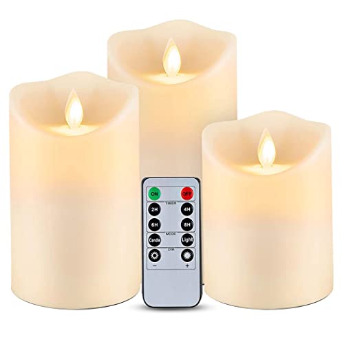 Qniceone Flameless Candles with Remote Control and Timer [ Pack of 3] Pillar Realistic and Bright Wax Electric LED Candle Sets for Holiday Birthday Electric Fake Candle- Ivory with Remote Control