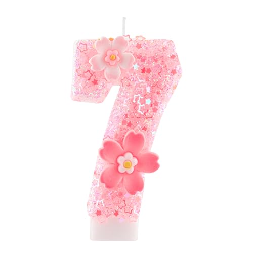 Hongplus Cherry Blossom Pink Number 7 Birthday Candle, 2.8in Cute Shiny Happy 7th Birthday Candle with Tray & Stick Girls 7 Candle for 7 Birthday Ideal Birthday Parties Cake Decoration & Gifts