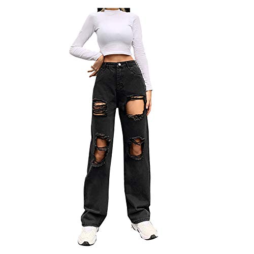 Cocila Hose Ripped Löcher Schwarze Jeans, Hohe Taille Wide Leg Straight Jeans, Fashion Hip Hop Streetwear Y2K Damenjeans
