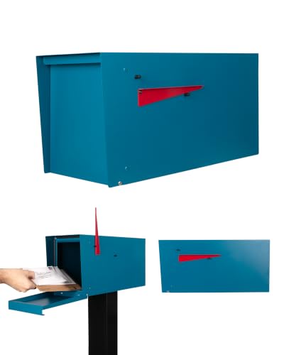 Image of Ilyapa Modern Mailbox for Outside Post Mount - Blue Powder Coated Metal Mailbox, Waterproof Letter Box for Parcels, Recessed Magnetic Close Door