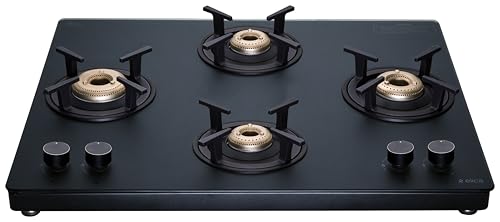 Image of Elica 70cm 4 Burner Gas Stove with Matt Finish Toughened Glass Top | Heavy-Duty Forged Brass Burners | Premium Metallic Knobs | 10 Yr Burner & 5 Yr Glass Warranty | MATT TKN 694 CT VETRO 2J BK | Black