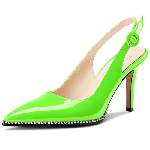 Saekcted Womens Stiletto High Heel Pointed Toe Beaded Pumps Sandals Slingback Slip-on Pearls Prom Dress Patent Leather Summer 3.5 Inches Heels