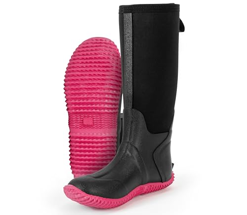 Ubon Women's Waterproof Rubber Neoprene Boots Mud Work Rain Boots Black&Pink 8