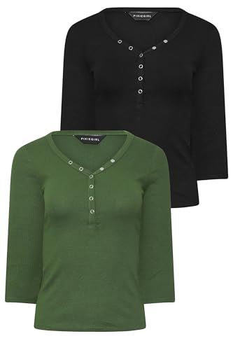 PixieGirl Petite 2 Pack Black & Khaki Green Button Henley Tops Petite