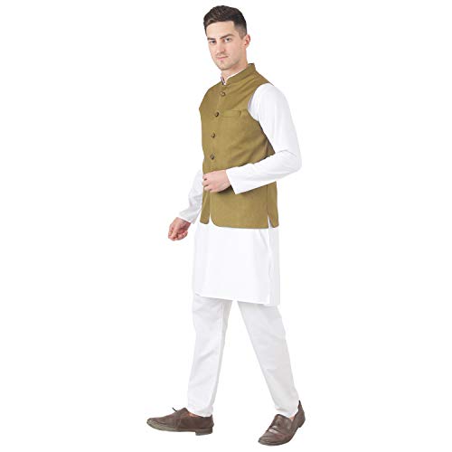 Image of TAHVO Men's Nehru Jacket /Waistcoat /Modi Jacket Cotton Fabric /Men 's 5 Button Nehru Jacket with Hanky Kurta Set
