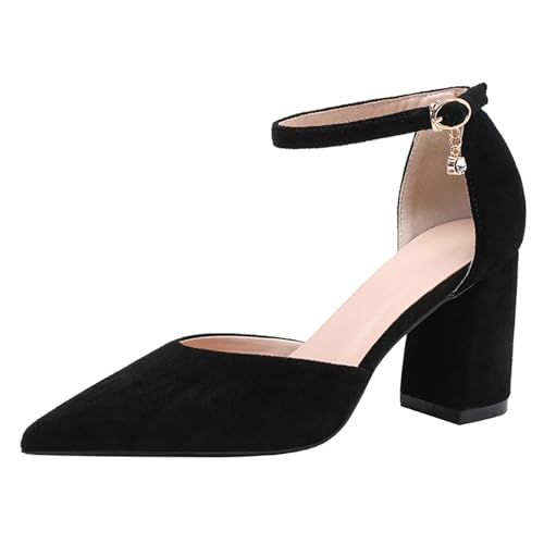 Women's Suede Ankle Strap Chunky Heel Pumps Closed Pointed Toe Non-Slip Mid Block Heel Sandals Daily Wedding Party Dating Dress Shoes