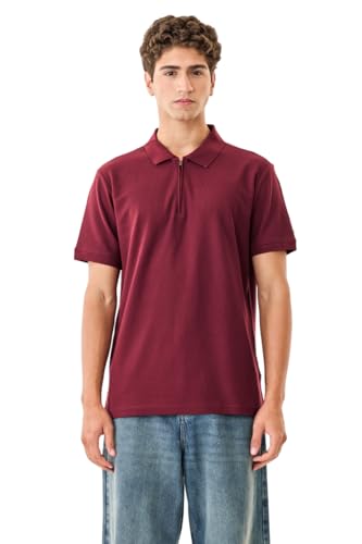 Image of SNITCH Men Polo T-Shirt | Modern Zip Closure & Textured Weave Design | 100% Cotton Breathable Fabric & Regular Fit Minimalist Style, Versatile Casual Wear