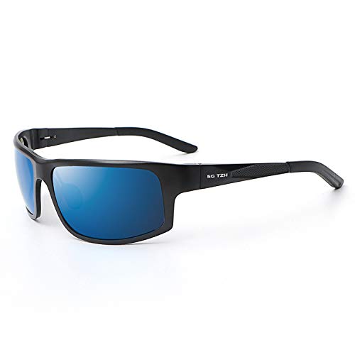 SG TZH Polarized Sports Sunglasses For Men Cycling Driving Fishing 100% UV Protection Al-Mg Metal Unbreakable Frame (Black Frame Blue Lens)