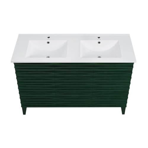 Image of Swiss Madison Cascade 48 inch Freestanding Bathroom Vanity in Green Oak with Double Basin Sink Top