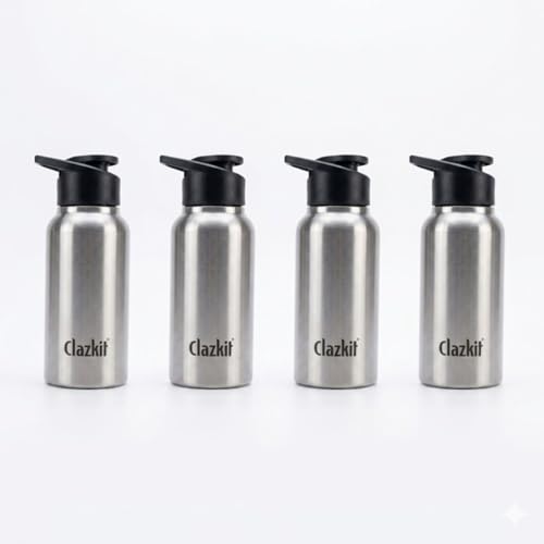 Image of Clazkit Sporty Stainless Steel Water Bottle 500ml Set of 4 |ISI Certified| Leakproof, Rust-Free, BPA-Free, Durable for College, Fridge, Sports, Gym, Yoga & Office