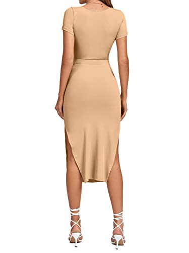 Image of LYANER Women's Twist Front Cut Out Split Hem V Neck Short Sleeve Knit Bodycon Midi Dress