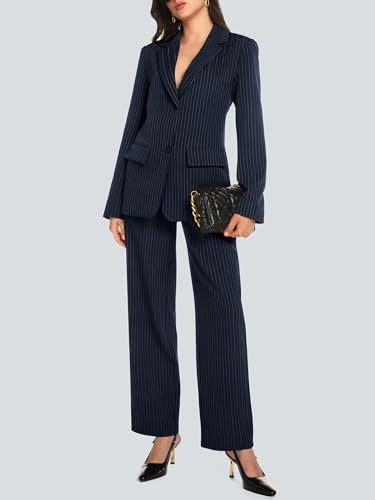 Women's 2 Piece Pant Suit Business Casual Outfits Striped Notched Collar Blazer Wide Leg Pants Sets4