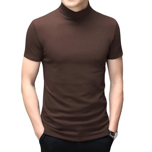 Mens T Shirt Short Sleeve Basic Mock Turtleneck Slim Fit Undershirt Pullover Thermal Solid Tops Coffee