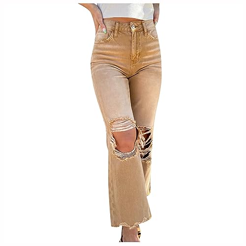 Uillui Bell Bottom Jeans for Women Fashion Ripped Hole Raw Hem Denim Flare Pants High Waisted Distressed Jeans Bootcut Jeans