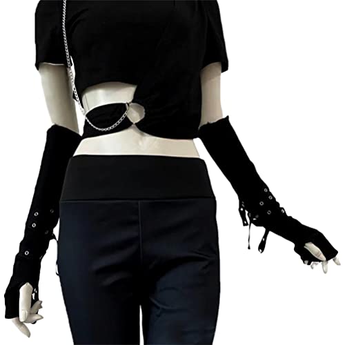 HeiBai Xiong Punk Arm Warmers For Women Goth Fingerless Grunge Gloves Arm Sleeves Y2K - Thumbnail 2