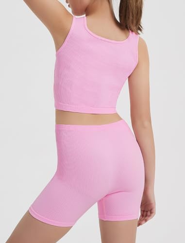 Image of EXARUS Girls 2 Piece Outfits Seamless Ribbed Cropped Tank Top Shorts Set | Teen Two Piece Outfit Tween Summer Dance Vacation Yoga Crew Neck Youth Athletic Workout Set Kids High Waist Elasticity 6-14Y
