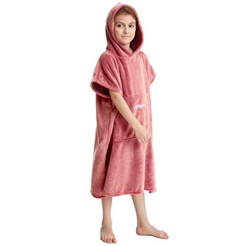 Hiturbo Kids Towel Changing Robe: Soft Plush Bath Towels - Warm Coral Fleece Hoodie - Swim Surf Poncho for 5-12 Years (Pink)