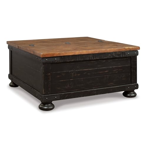 Signature Design by Ashley Valebeck Lift Top Coffee Table, Storage, Split-top Design, Wood, 36' W x 36' D x 18' H, 2-tone Distressed Brown & Black Finish