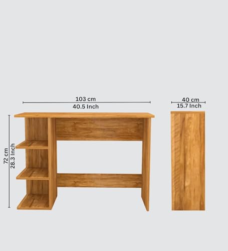 Image of Modern Compact Study Desk with 3 Side Shelves, Space-Saving Home Office Table, Oak Wood Finish, 103x72x40 cm