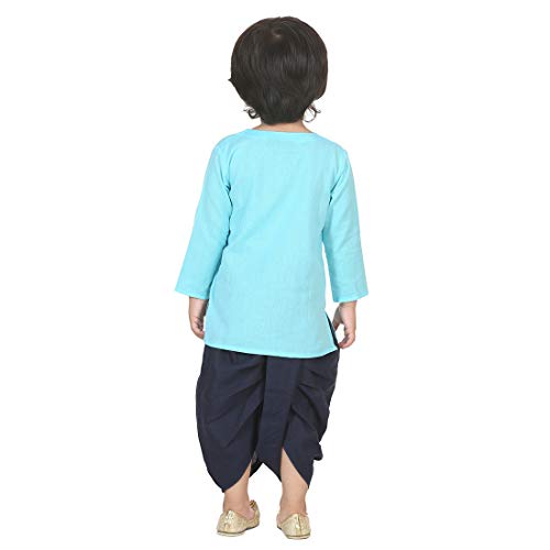 Image of BownBee Ethnic Wear Cotton Kurta Dhoti Set for Boys, Front Open Horse Embroidered With Full Sleeves and V Neckline (Blue, 5-6 Yrs)