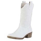 VAN HILL Damen Cowboystiefel Trichterabsatz Stickerei Trendy Schuhe 214269 Weiß 38